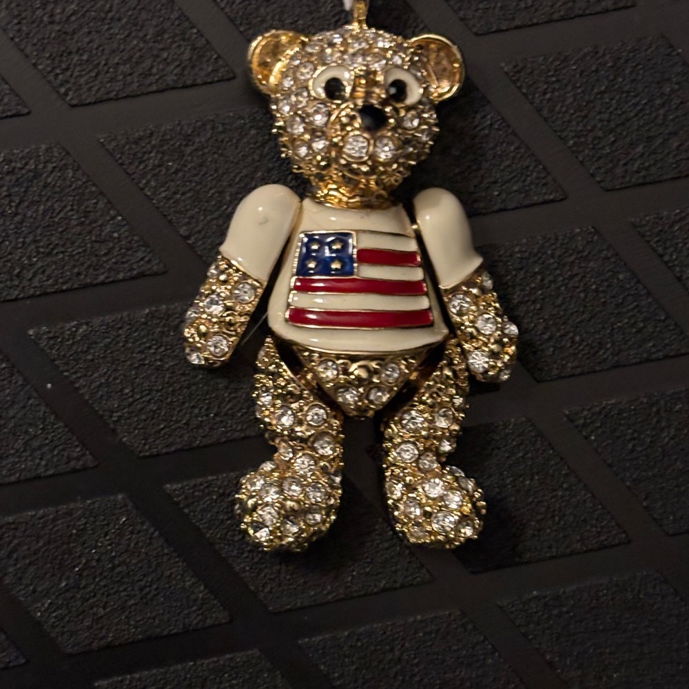 Crystal Teddy Bear Pendant with Flag Design